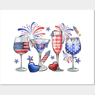 4th Of July Wine Glasses, Independence Day, USA Flag Posters and Art